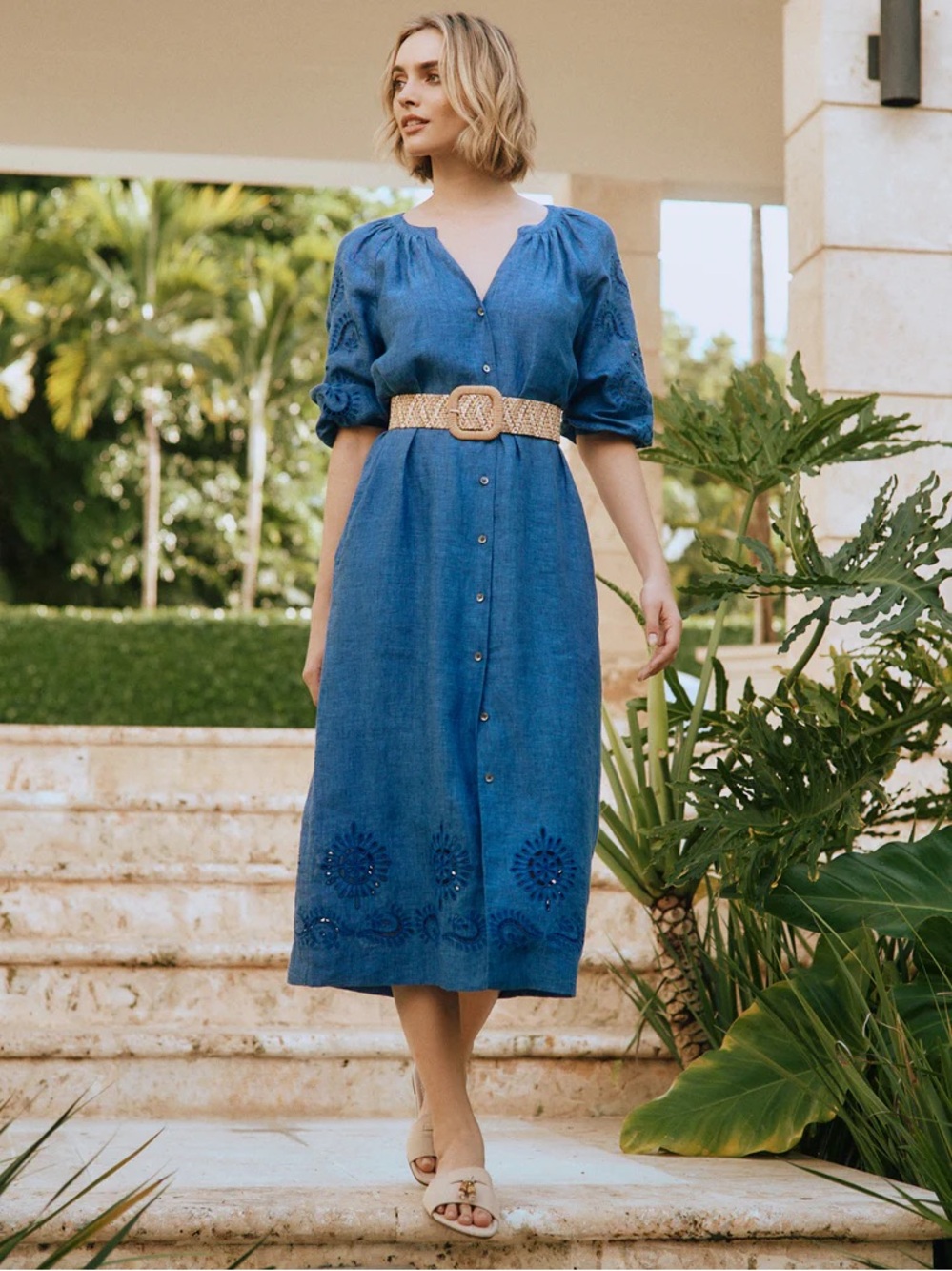 J. McLaughlin Linen Blue Eyelet Button-Front Midi Dress with Self Tie